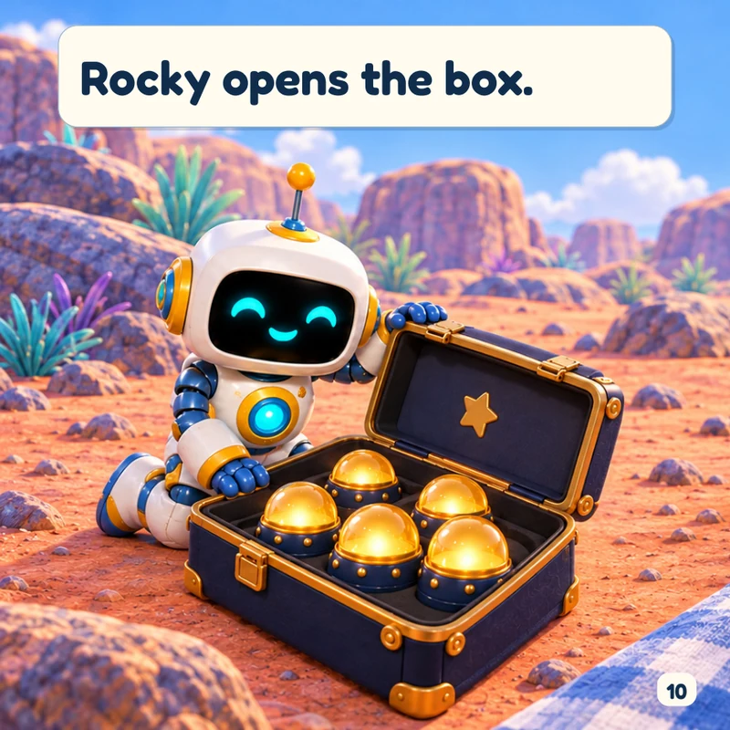 Page 10: Rocky opens a box containing five glowing landing lights. Text: Rocky opens the box.