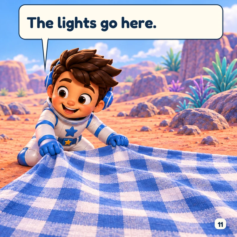 Page 11: RocketBoy points out where the landing lights will go. Text: The lights go here.