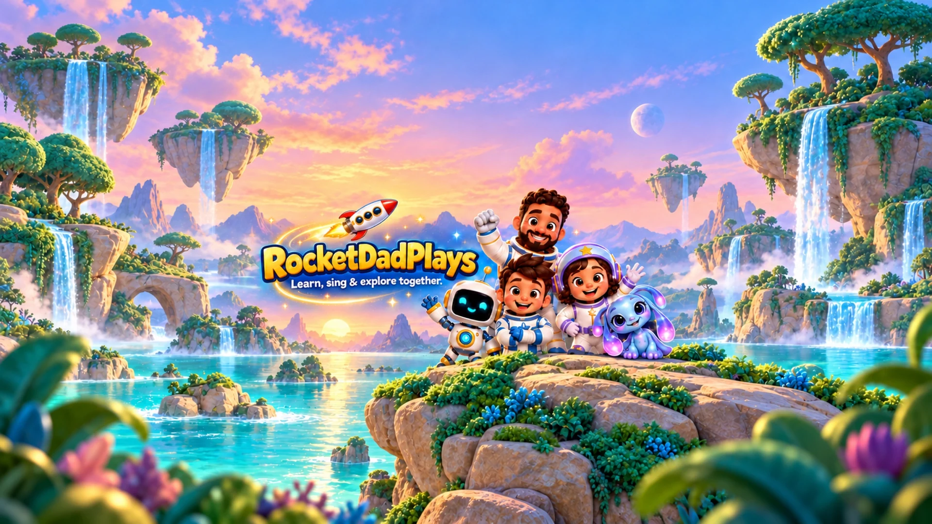 RocketDad, RocketGirl, RocketBoy, Rocky the Robot, and Skye together in the colorful sunrise lagoon.